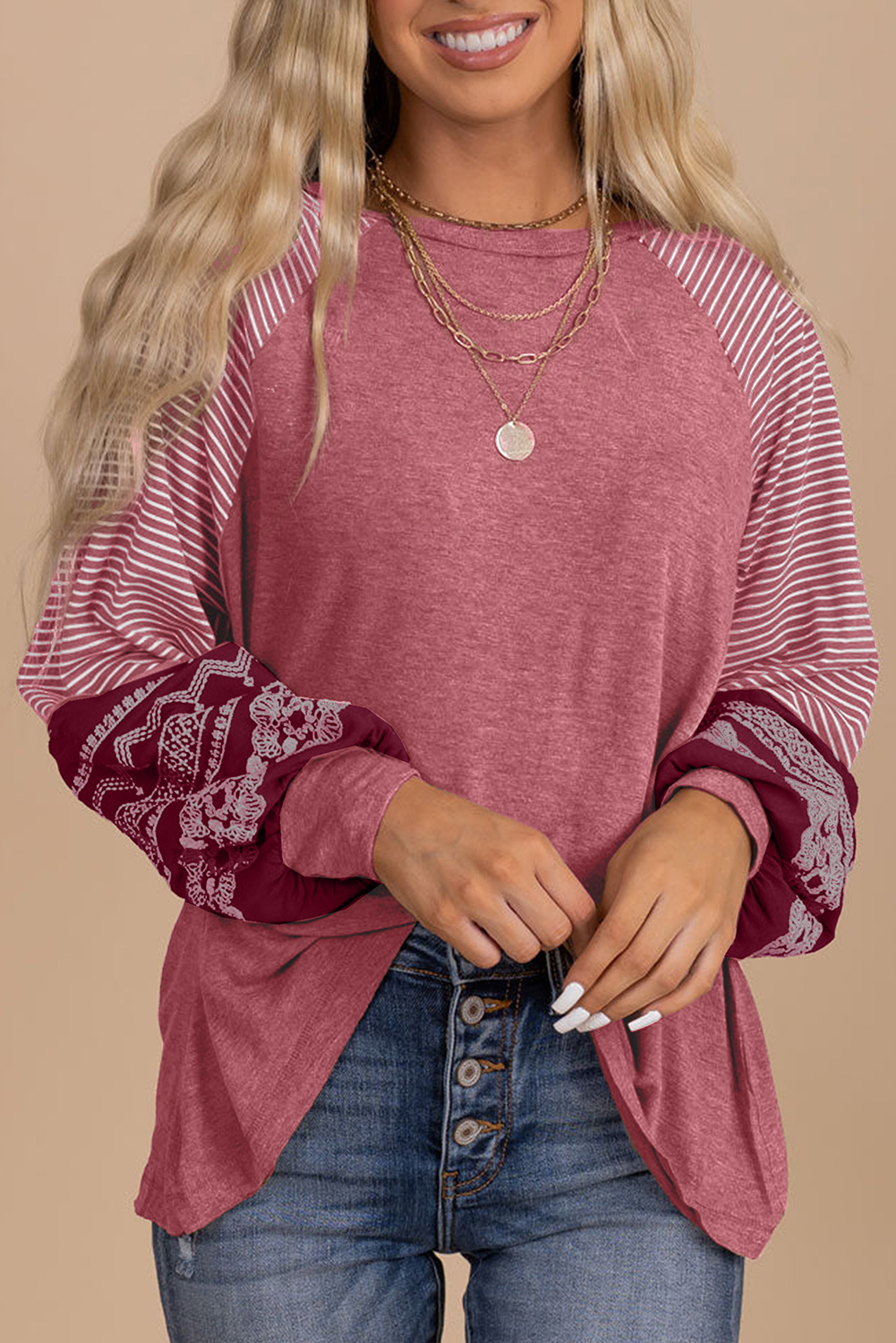 【BAON】[unisex] Poma Lettering Raglan Color Matching L/S T Mineral Red Contrast Print Striped Raglan Long Sleeve Loose Top