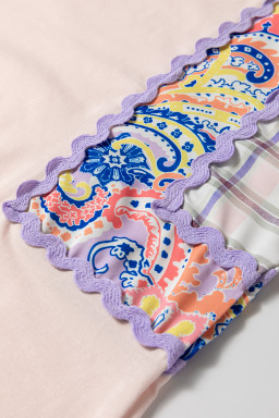 Delicacy Ricrac Trim Floral Plaid Patchwork Puff Sleeve Top