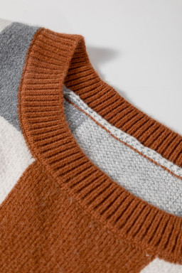 Brown Colorblock Checkered Drop Sleeve Plus Size Sweater