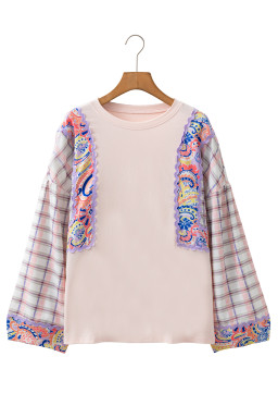 Delicacy Ricrac Trim Floral Plaid Patchwork Puff Sleeve Top