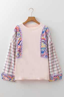 Delicacy Ricrac Trim Floral Plaid Patchwork Puff Sleeve Top