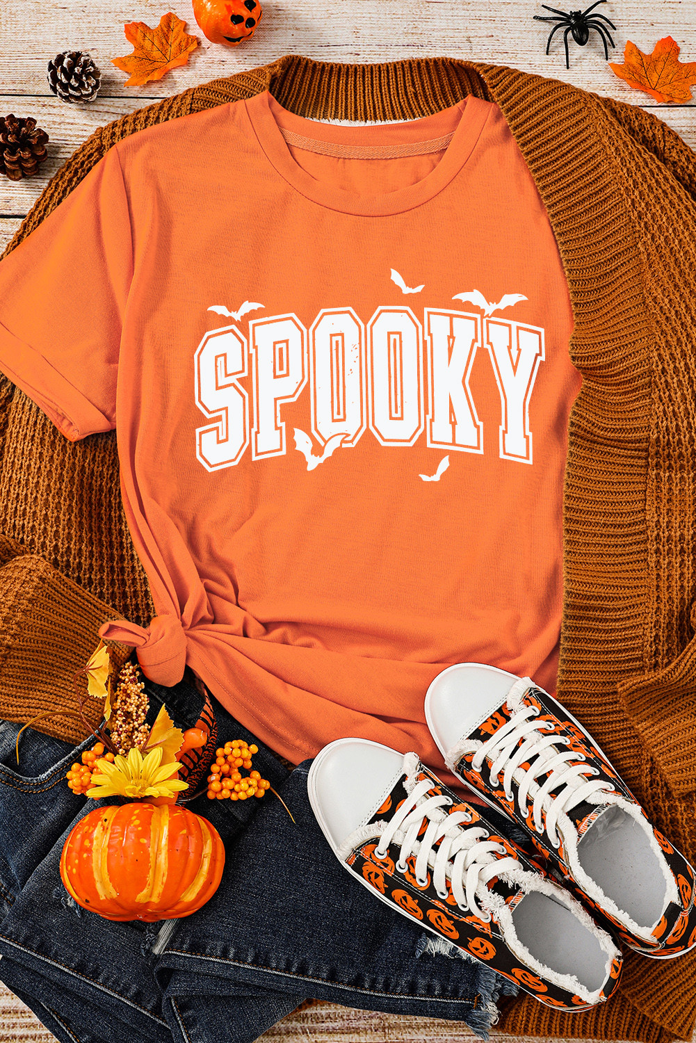 Orange SPOOKY Heat Transfer Printing Crewneck Halloween T Shirt