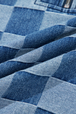 Sky Blue Checkerboard Zipped Collar Kangaroo Pocket Denim Hoodie