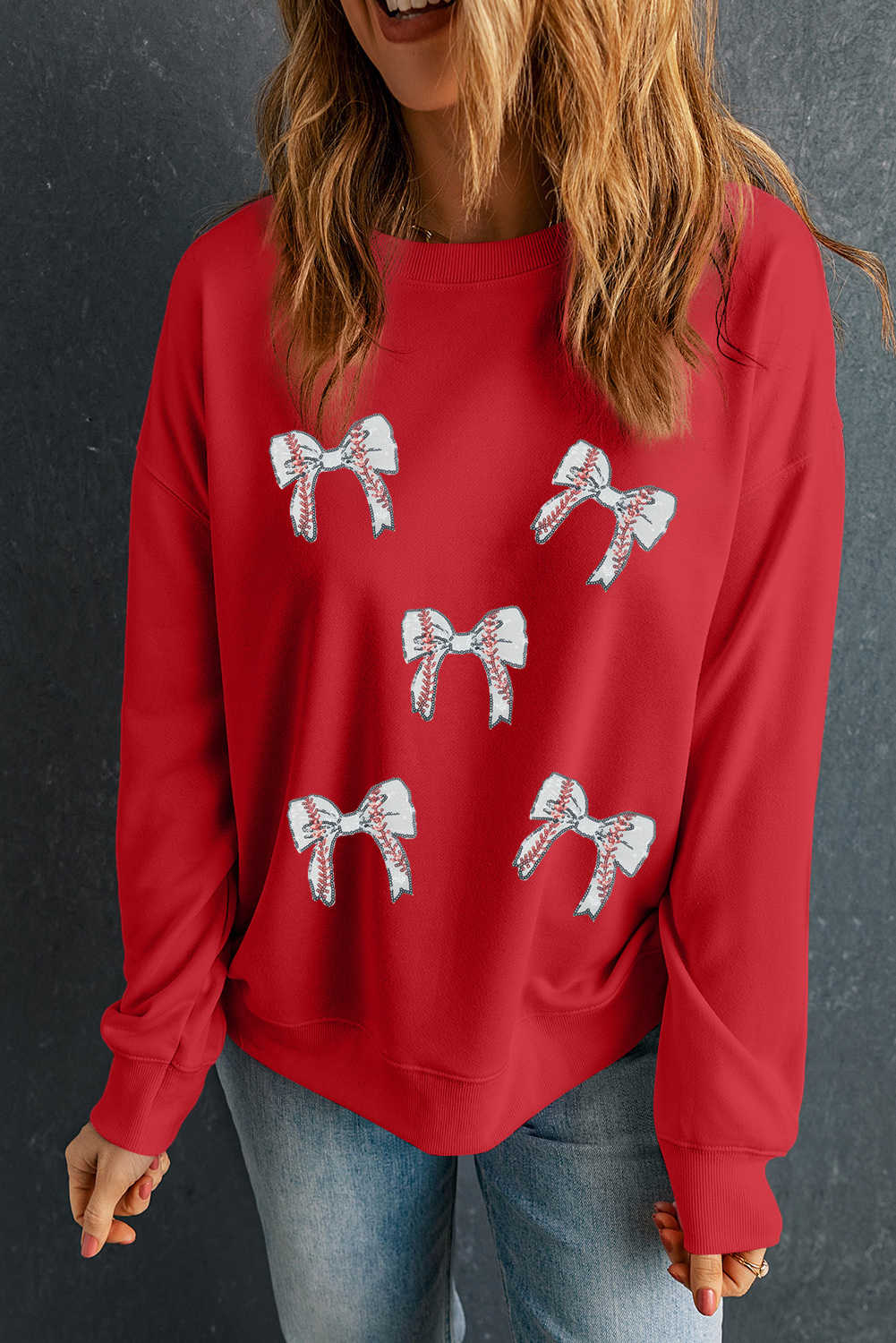 Red Baseball Bow Sequins Patch Graphic Plus Size Sweatshirt
