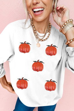 White Sequin Pumpkin Patched Drop Shoulder Sweatshirt