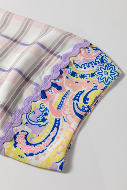 Delicacy Ricrac Trim Floral Plaid Patchwork Puff Sleeve Top