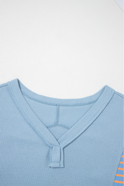 Dusk Blue Exposed Seam Waffle Striped Patchwork Baggy Pullover