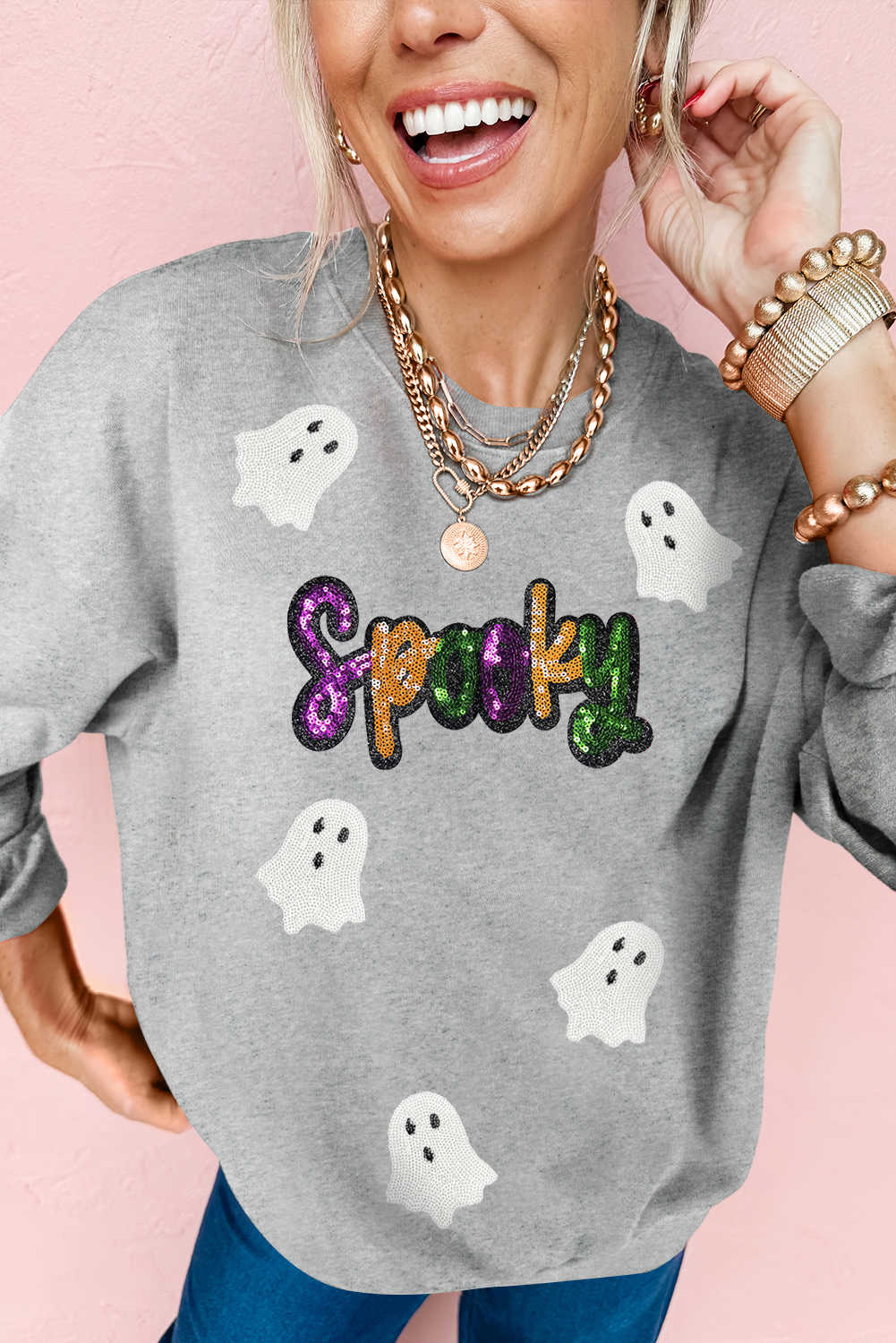 Gray Spooky Halloween Ghost Sequin Patched Sweatshirt