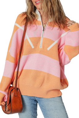 Orange Stripe Half Zip Collar Loose Sweater
