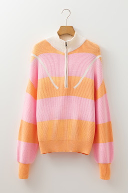 Orange Stripe Half Zip Collar Loose Sweater