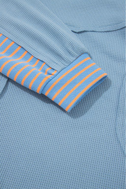 Dusk Blue Exposed Seam Waffle Striped Patchwork Baggy Pullover