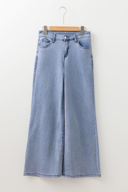Beau Blue Button Zip High Waist Flared Hem Jeans