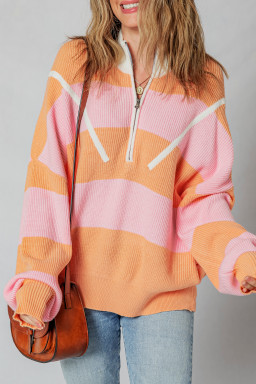 Orange Stripe Half Zip Collar Loose Sweater