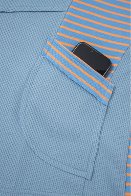 Dusk Blue Exposed Seam Waffle Striped Patchwork Baggy Pullover