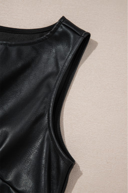 Black Faux Leather Sleeveless Round Neck Mini Dress