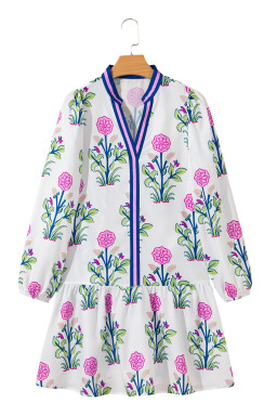 White Floral Print Pop of Color V Neck Mini Dress