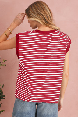 Red Stripe Chest Pocket Patch Round Neck Sleeveless Tee