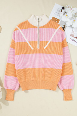 Orange Stripe Half Zip Collar Loose Sweater