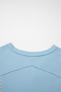 Dusk Blue Exposed Seam Waffle Striped Patchwork Baggy Pullover