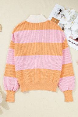 Orange Stripe Half Zip Collar Loose Sweater