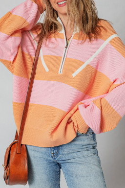 Orange Stripe Half Zip Collar Loose Sweater