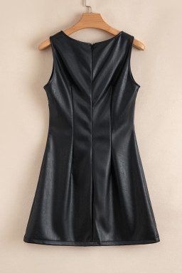 Black Faux Leather Sleeveless Round Neck Mini Dress