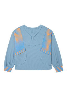 Dusk Blue Exposed Seam Waffle Striped Patchwork Baggy Pullover