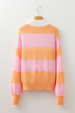 Orange Stripe Half Zip Collar Loose Sweater