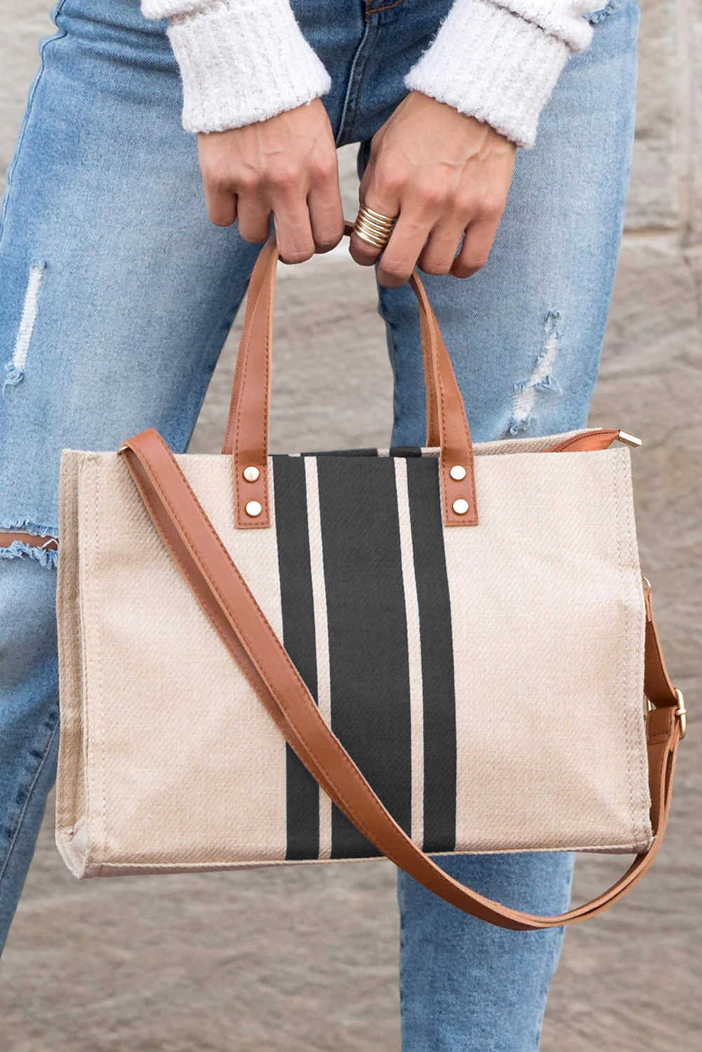 Black Large Striped Shoulder Bag