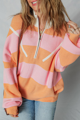 Orange Stripe Half Zip Collar Loose Sweater