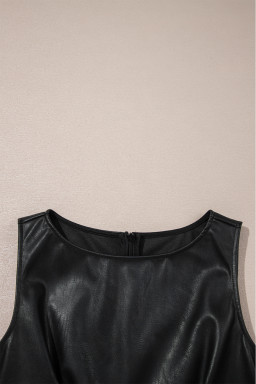Black Faux Leather Sleeveless Round Neck Mini Dress