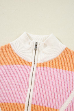 Orange Stripe Half Zip Collar Loose Sweater