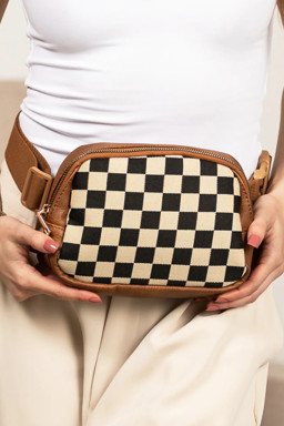 Coffee Faux Leather Checkered Patchwork Crossbody Bag