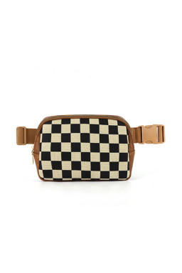 Coffee Faux Leather Checkered Patchwork Crossbody Bag