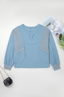 Dusk Blue Exposed Seam Waffle Striped Patchwork Baggy Pullover