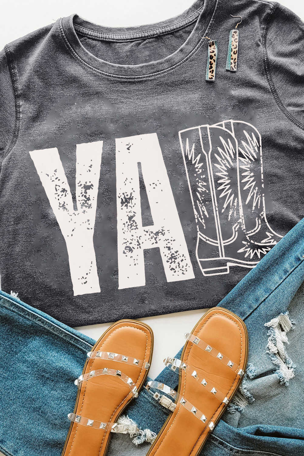 Gray YALL Boots Heat Transfer Printing Graphic Tee