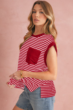 Red Stripe Chest Pocket Patch Round Neck Sleeveless Tee