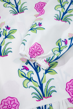 White Floral Print Pop of Color V Neck Mini Dress