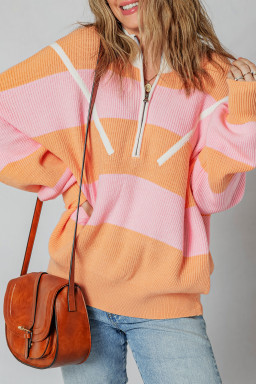 Orange Stripe Half Zip Collar Loose Sweater
