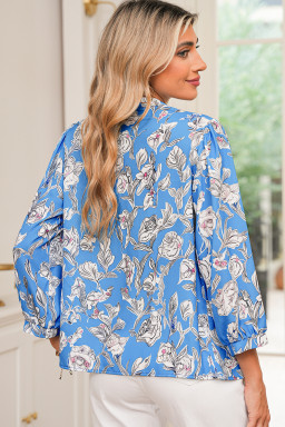 Sky Blue Vintage Floral Print V-Neck Bubble Sleeve Blouse