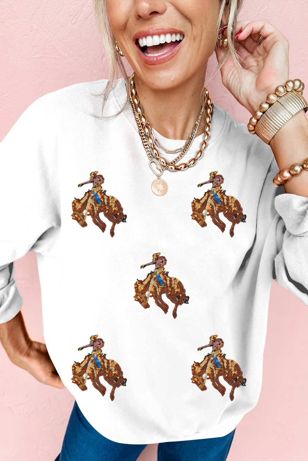 White Sequins Patch Graphic Drop Shoulder Sweatshirt