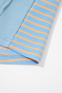 Dusk Blue Exposed Seam Waffle Striped Patchwork Baggy Pullover