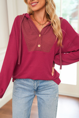 Racing Red Waffle Patchwork Drop Shoulder Hooded Long Sleeve Top