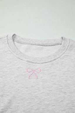 Light Grey Bow Embroidery Long Sleeve Pullover and High Waist Shorts Set