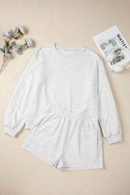 Light Grey Bow Embroidery Long Sleeve Pullover and High Waist Shorts Set
