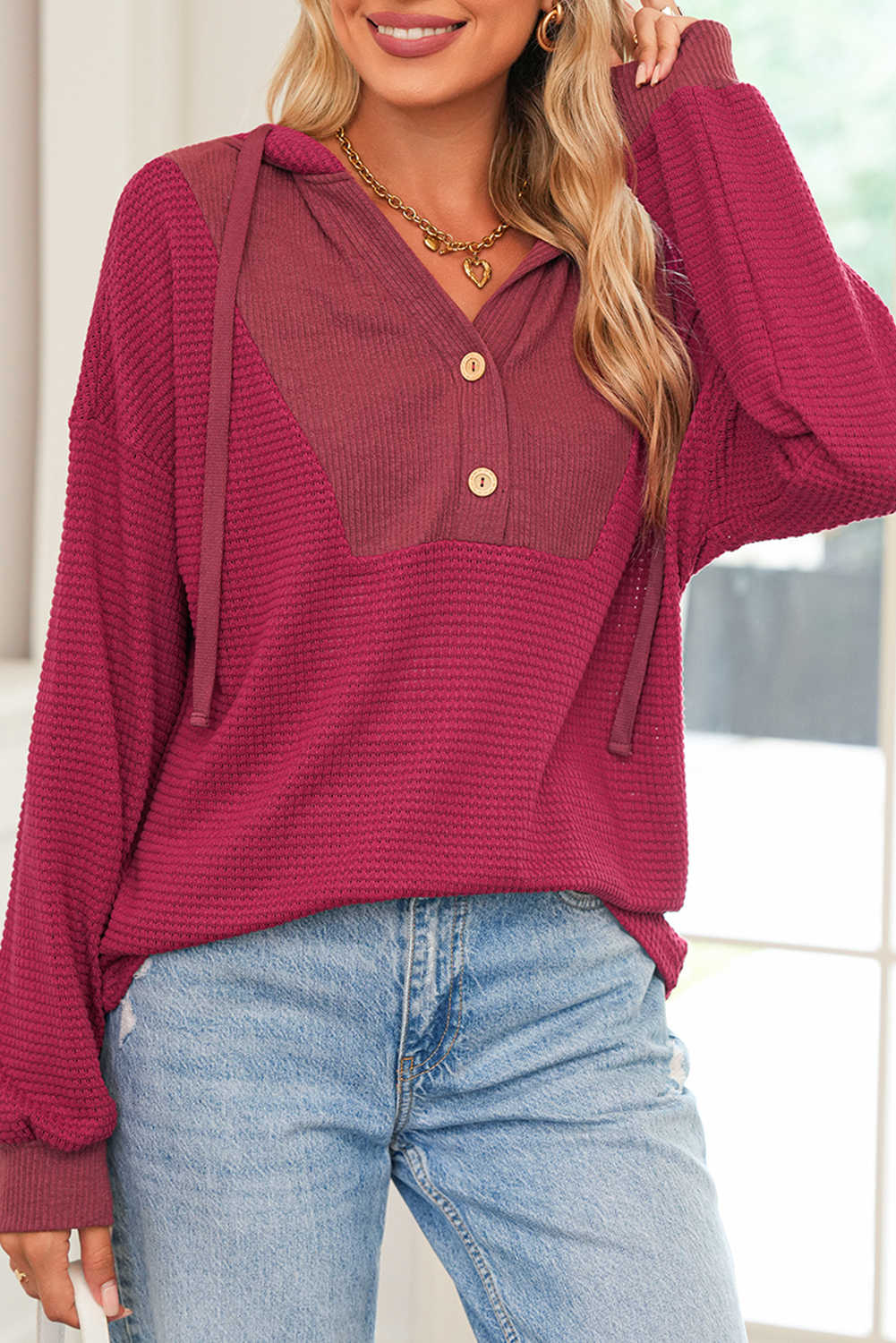 Racing Red Waffle Patchwork Drop Shoulder Hooded Long Sleeve Top