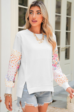 White Floral Dotted Print Patchwork Sleeve High Low Sweatshirt