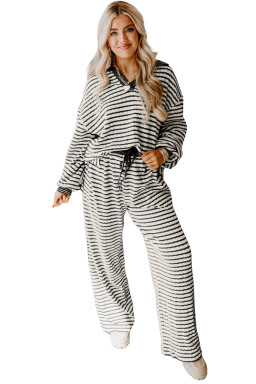 White Stripe Textured Collared Pullover Top and Drawstring Pants Set