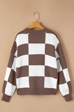 Dark Brown Plaid Bishop Sleeve Pullover Sweater