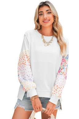 White Floral Dotted Print Patchwork Sleeve High Low Sweatshirt